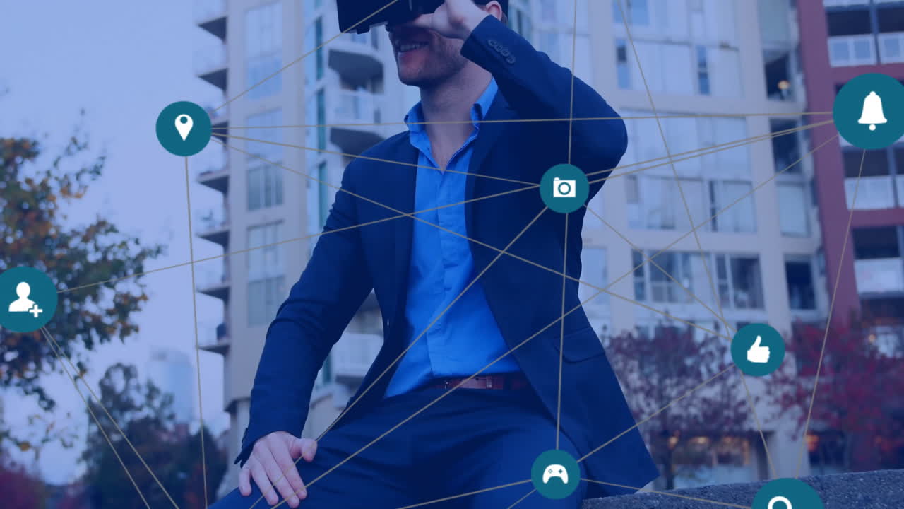 vr 헤드 ⁇ 을 사용하는 코카시안 사업가에 대한 아이콘과 연결 네트워크의 애니메이션