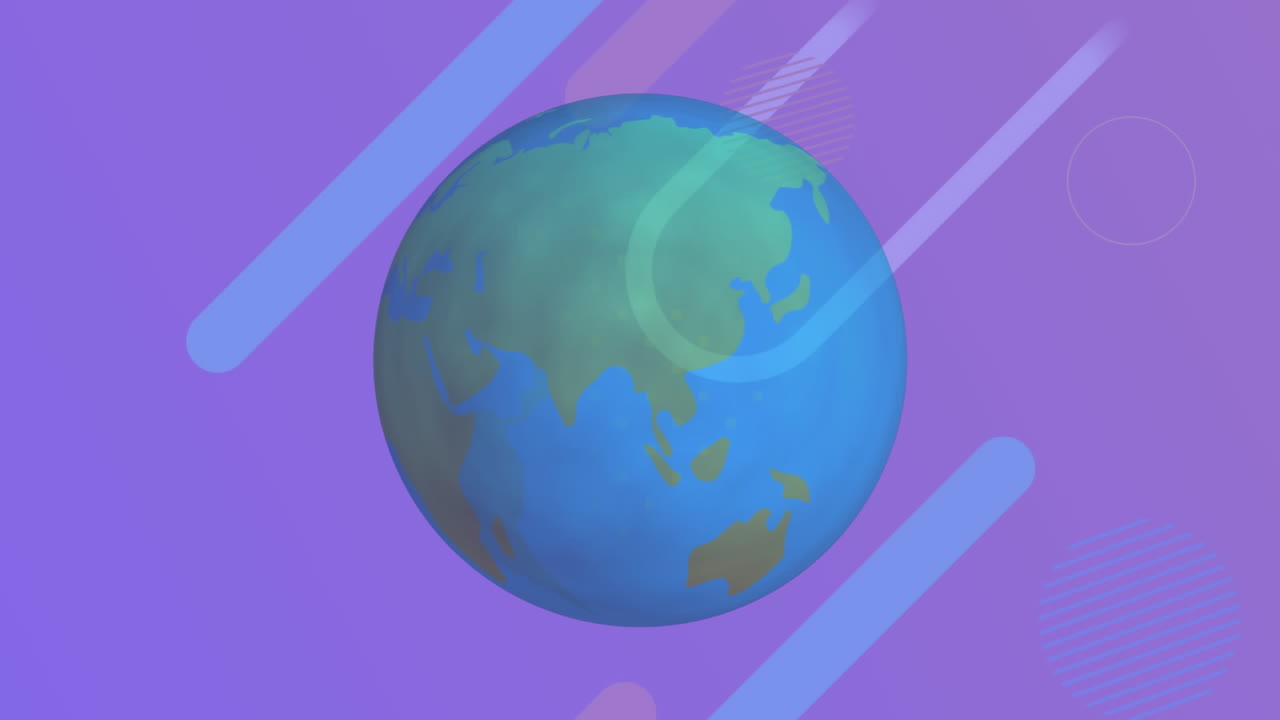 복사 공간과 함께 파란색 그라디언트 배경에 추상적인 모양 위에 회전하는 지구의 애니메이션