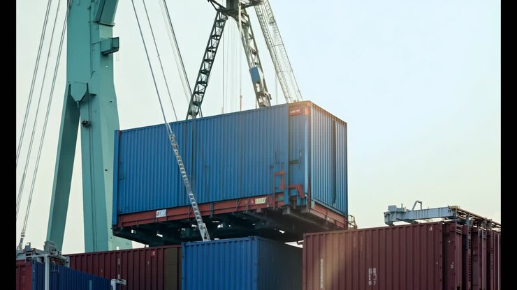 A crane is lifting a container off a ship