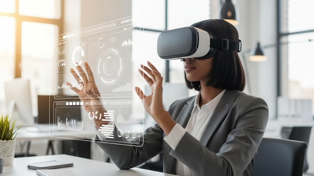 Exploring Virtual Reality: A Professional Engages with Interactive Data in a Modern Workspace Using Advanced VR Technology