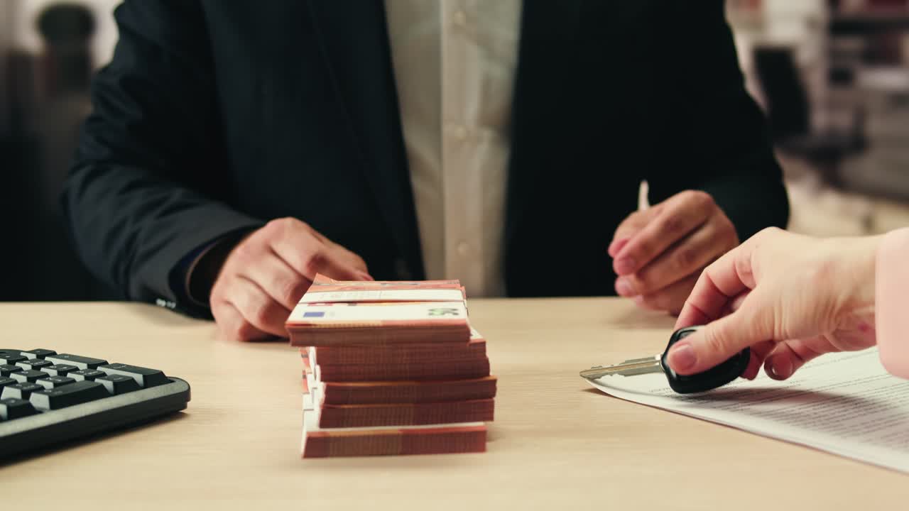 Stacks of cash dollars and euro, Banknotes counting, buying car flat home or real estate, Counting dollar euro banknotes in crime lab with machine, cashed out money, bitcoin changing