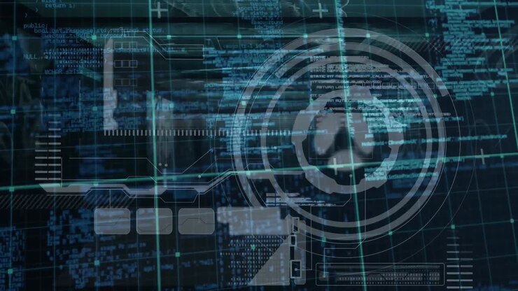 Animation of circular scanner and data processing, with digital grid, on black interface