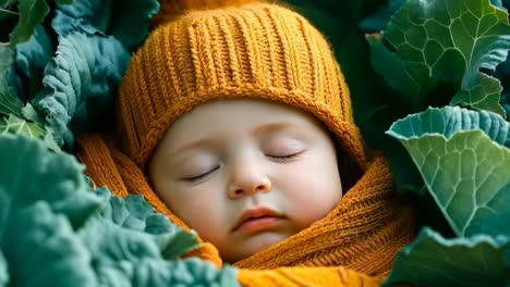 a baby sleeping in a pile of green leaves