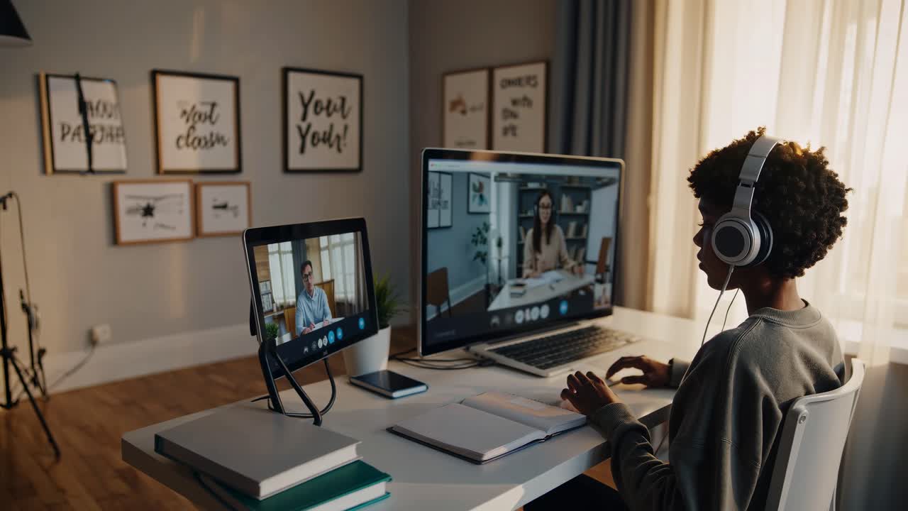 Over-the-shoulder view of a person in headphones engaged in a video call, surrounded by modern decor