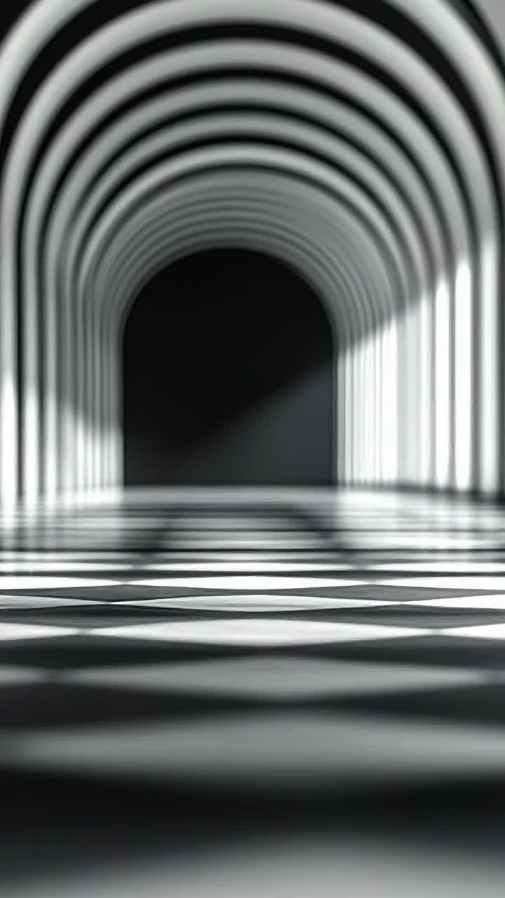 Arched, patterned light corridor. A long corridor features high arches and striking light patterns on the floor, creating a dramatic effect.