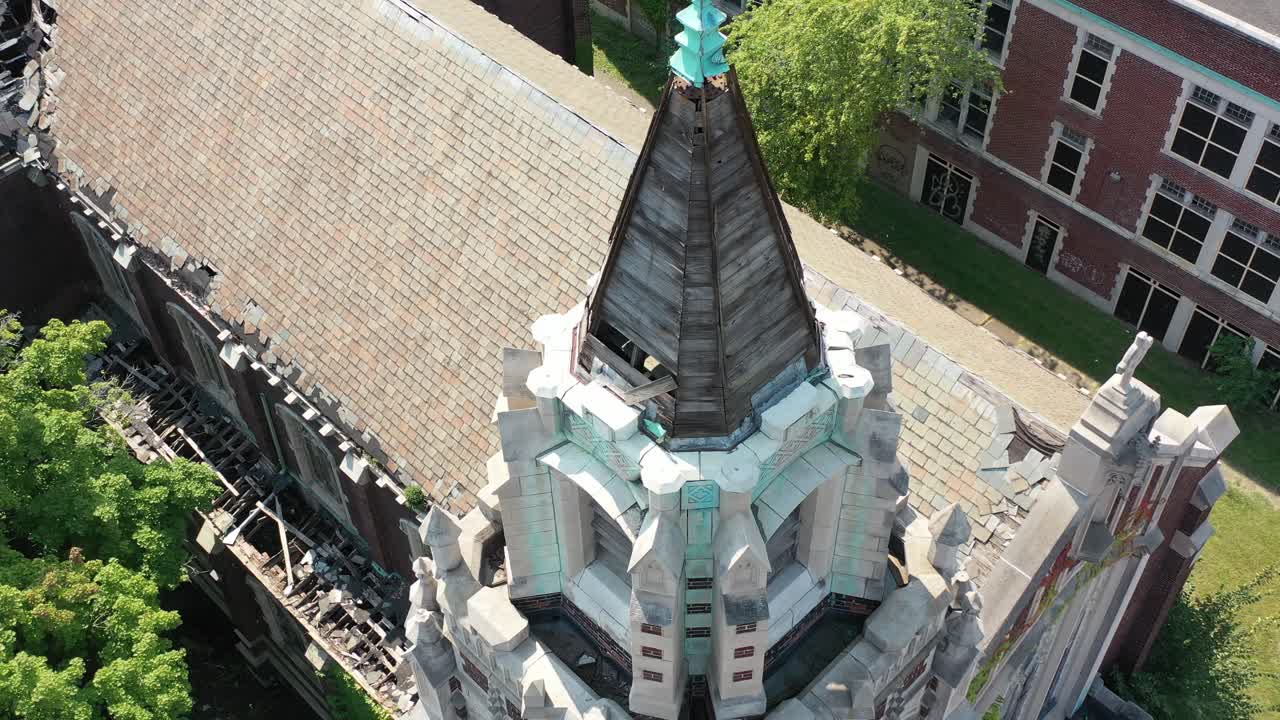 Aerial View of Old Damaged Church in Detroit Michigan