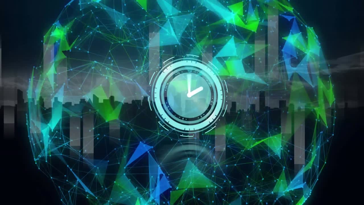 Animation of clock moving over rotating glowing global network of connections, over city at night