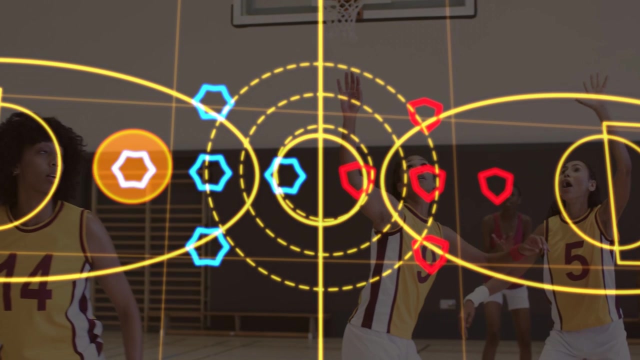 Guard #14 guarding handler driving left court, overlaying rings heatmap, blocking shot for coaching