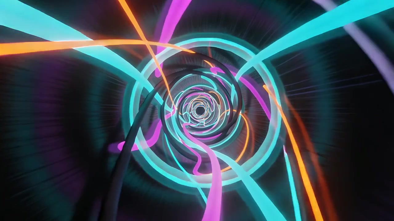 Kolkende neonlint-vortex die het oog naar binnen trekt door een ringvormige tunnel, terwijl de camera vooruitgaat.