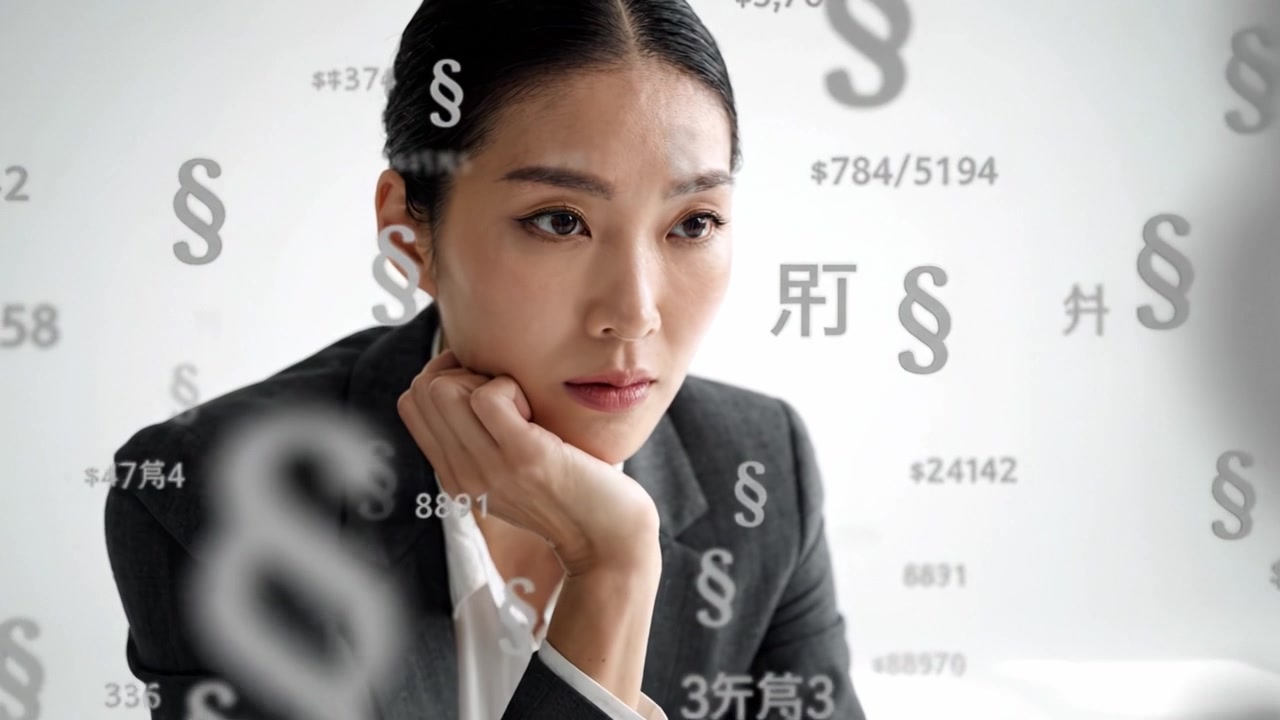 現代のワークスペースで浮かぶ金融シンボルや金銭的数値を思慮深く見つめ、重要な決定について熟考するビジネスウーマン