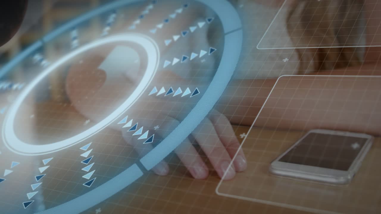 Woman tapping smartphone on wooden tabletop, initiating HUD and UI panels animating for tech demo