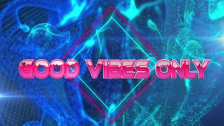 Animazione di banner testuale 'Good Vibes Only' su onde digitali luminose, su sfondo blu.