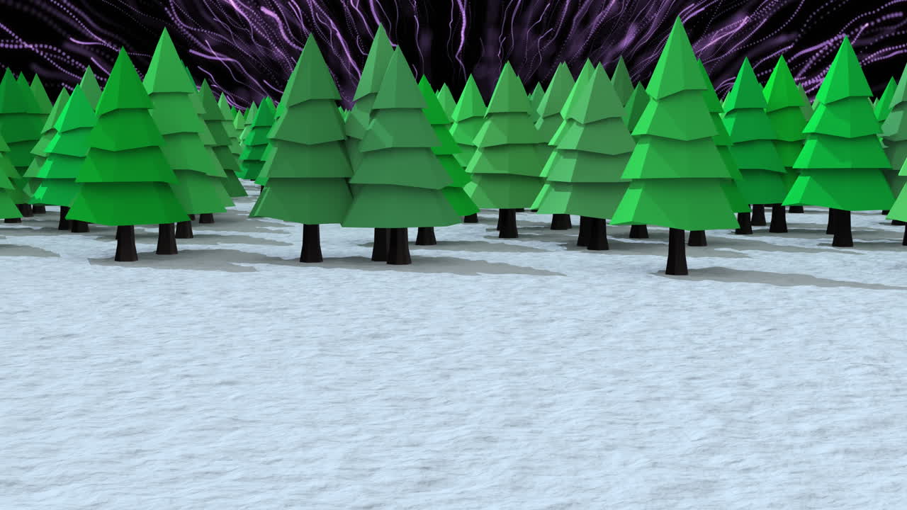 múltiples iconos de árboles en el paisaje de invierno sobre senderos de luz púrpura estallando contra un fondo azul