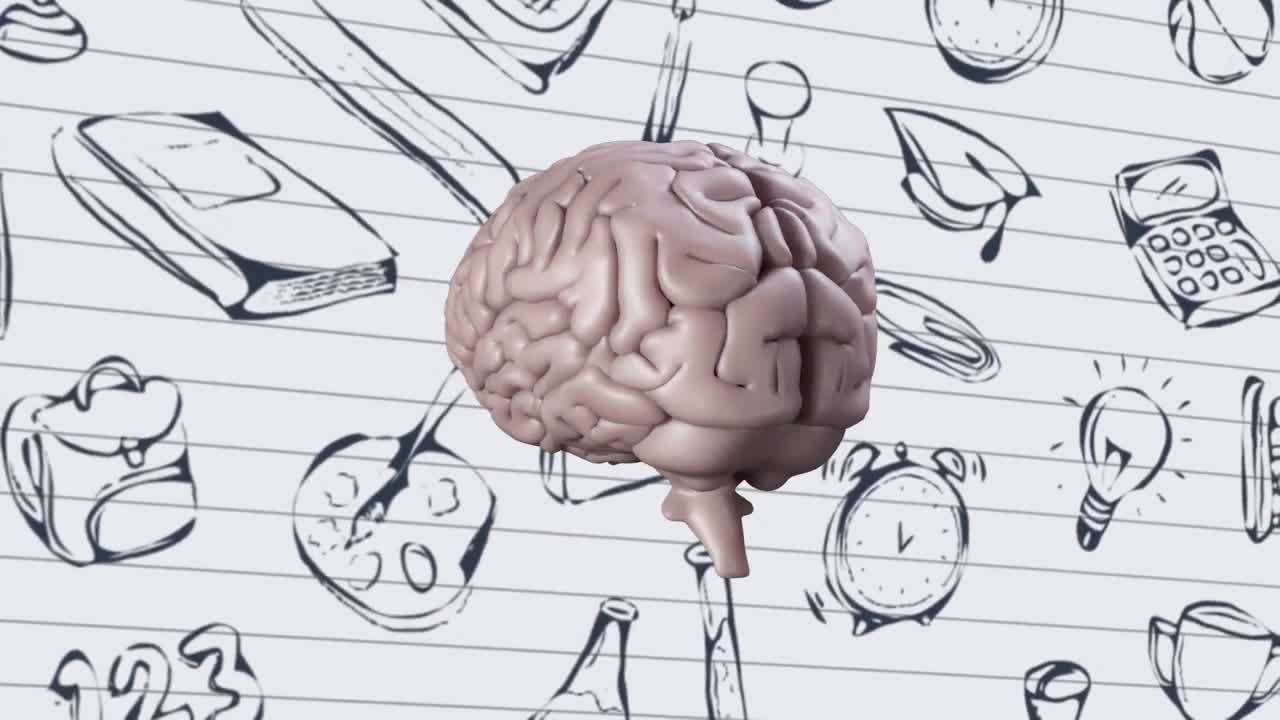 Brain spinning against school concept icons on white lined paper