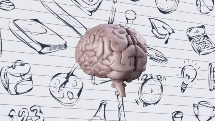 Brain spinning against school concept icons on white lined paper