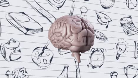 cerebro girando contra los iconos del concepto de la escuela en papel de línea blanca