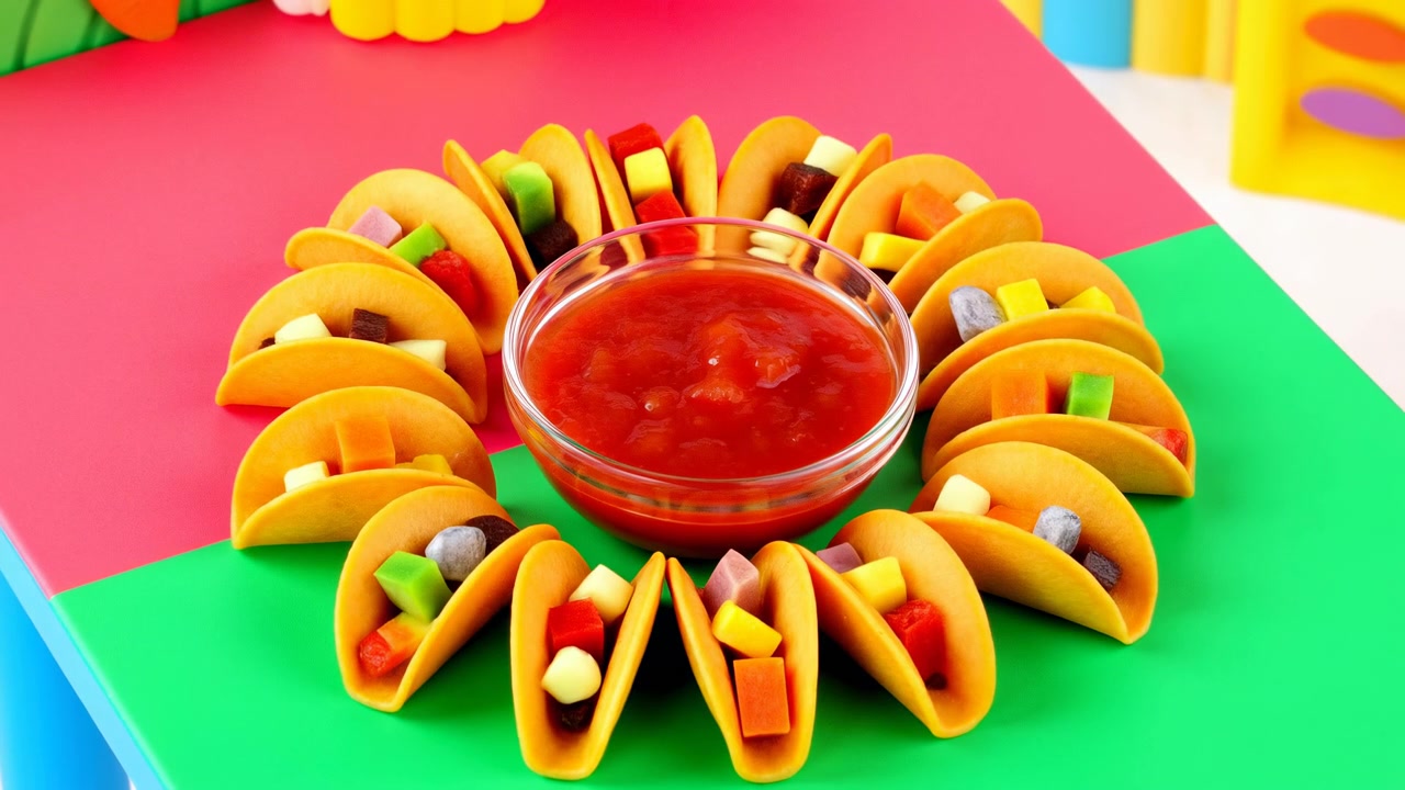 Caramelle mini taco disposte attorno a una ciotola di vetro di salsa su un tagliere colorato, food stylist che sistema i pezzi.