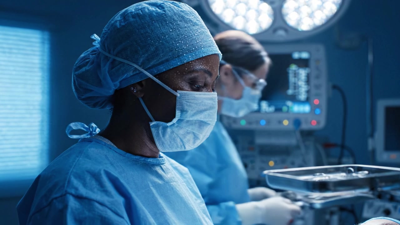 Focused Medical Professional in Surgical Attire During Procedure, Capturing the Intense Environment of the Operating Room with Advanced Equipment and Techniques