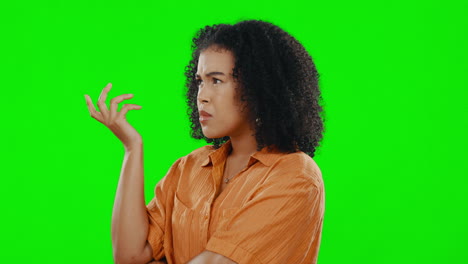 green screen, thinking and woman confused