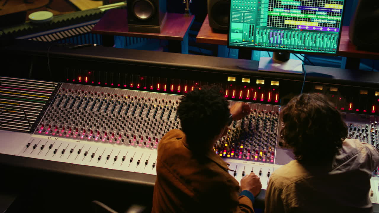 Musician and technician collaborating on mixing tracks to create successful hit