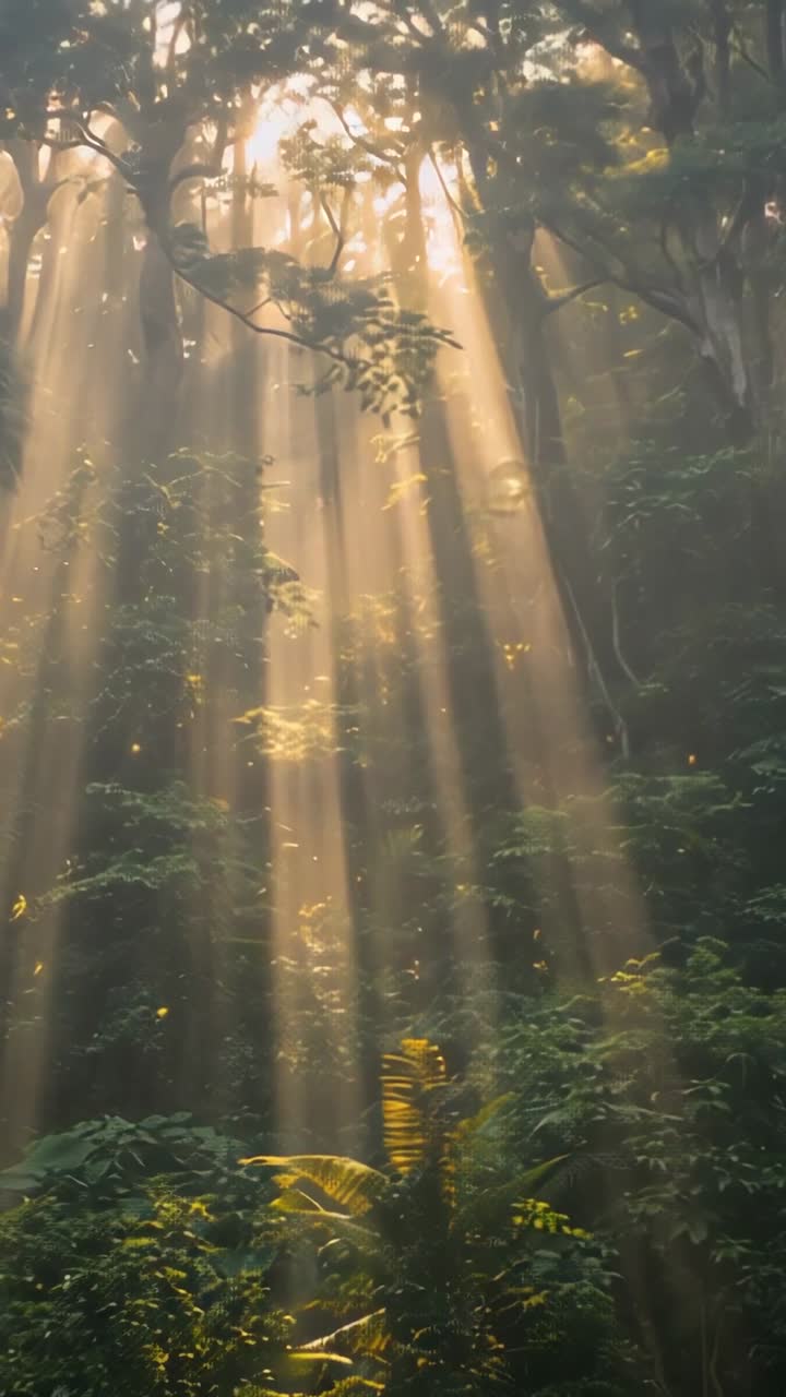 Vertical video: Shimmering sunbeams triggered by breeze dancing through forest clearing, with mist