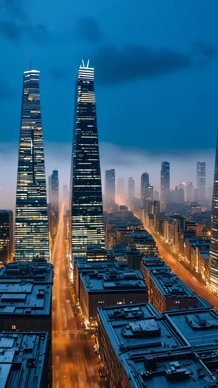 Vertical video: Camera capturing twin skyscrapers and streaming traffic on avenue at night