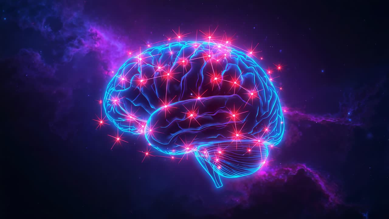 Sparking neon cyan brain pulsing nodes, lighting blue paths and pink red sparkles in purple nebula