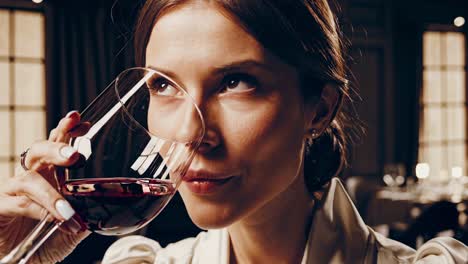 mujer disfrutando de un vaso de vino tinto en un restaurante