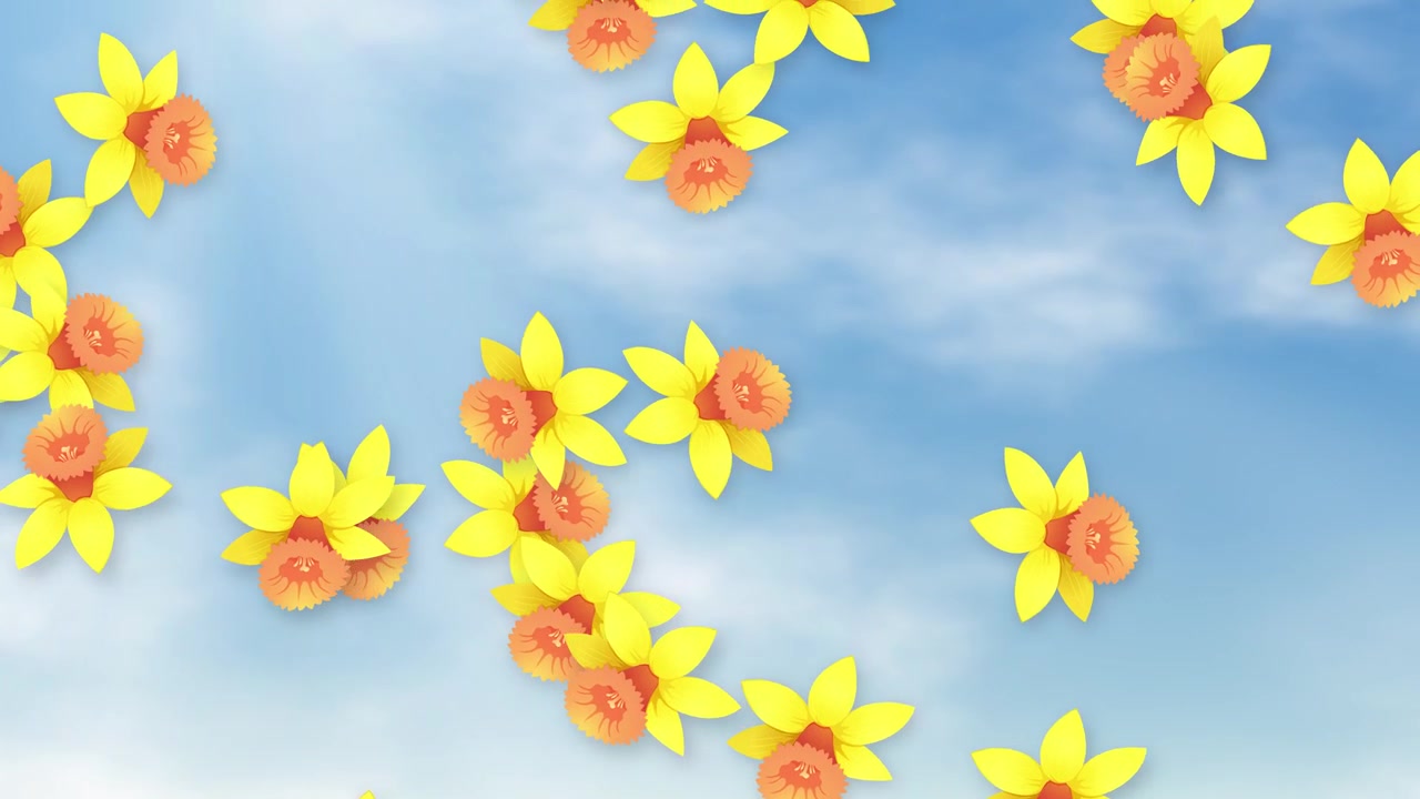 Animated yellow daffodils fall slowly against a bright blue sky with soft white clouds.
