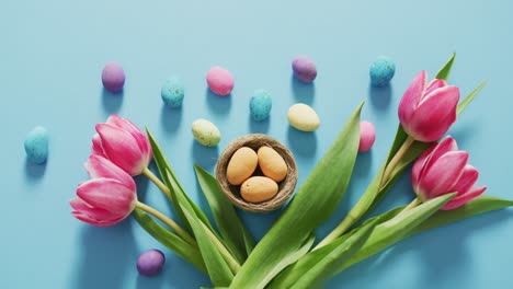 Video-of-decorated-colorful-easter-eggs-and-flowers-on-a-blue-surface