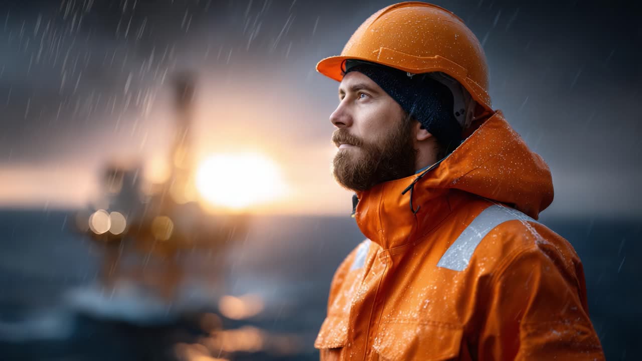 A resilient worker clad in a bright orange waterproof jacket and helmet stands against a stormy ocean backdrop, embodying determination amidst rain and rugged weather conditions