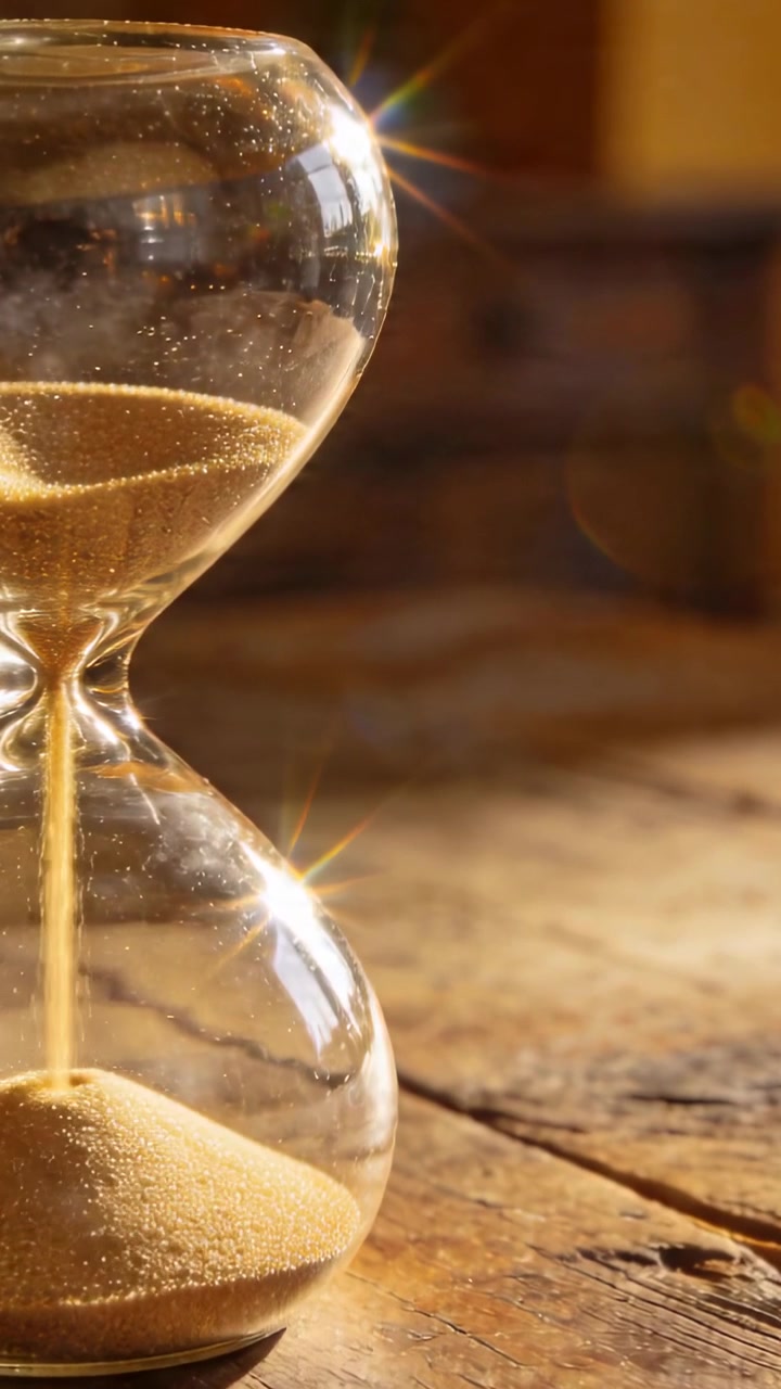 Vertical video: Gravity pulling hourglass pouring tan sand on worn wood table, timing, copy space