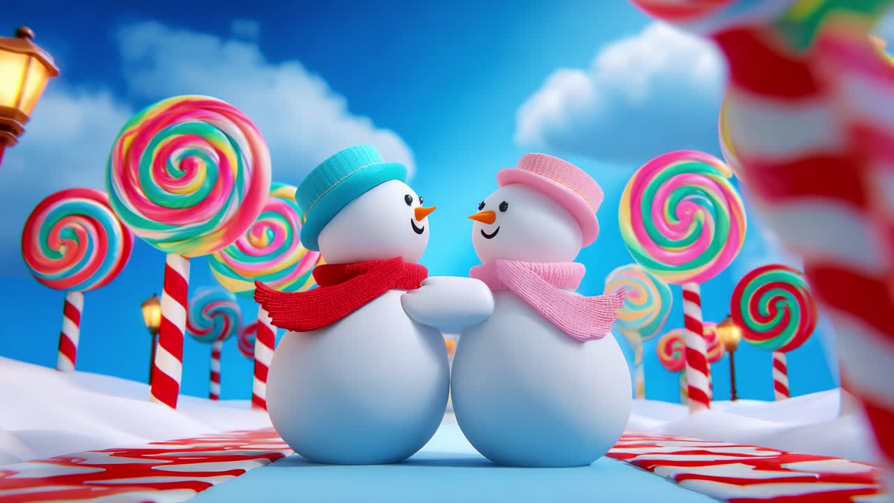 Charming scene featuring two snowmen embracing amidst a whimsical candy landscape, complete with giant colorful lollipops and a bright blue sky, offering a joyful and festive atmosphere for winter celebrations