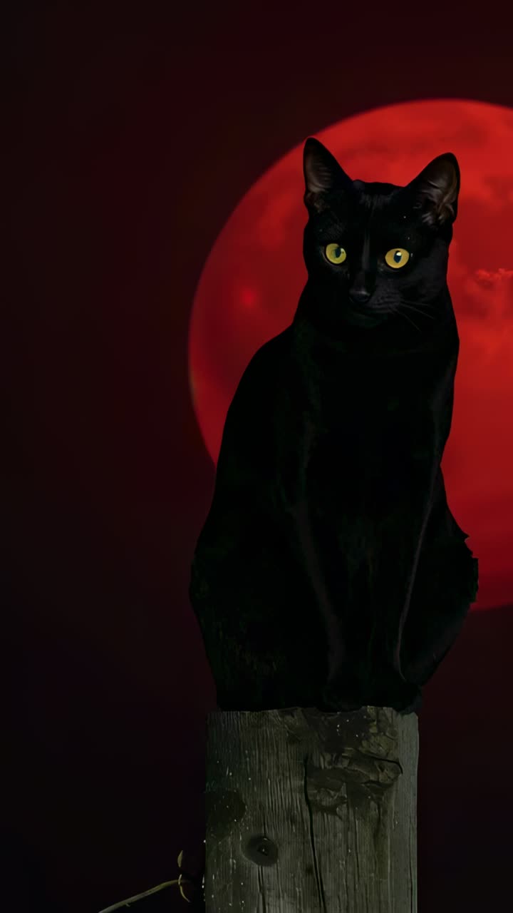 Vídeo vertical: um gato preto ouvindo um som e virando a cabeça para encontrar a fonte em uma estaca de madeira com uma lua vermelha