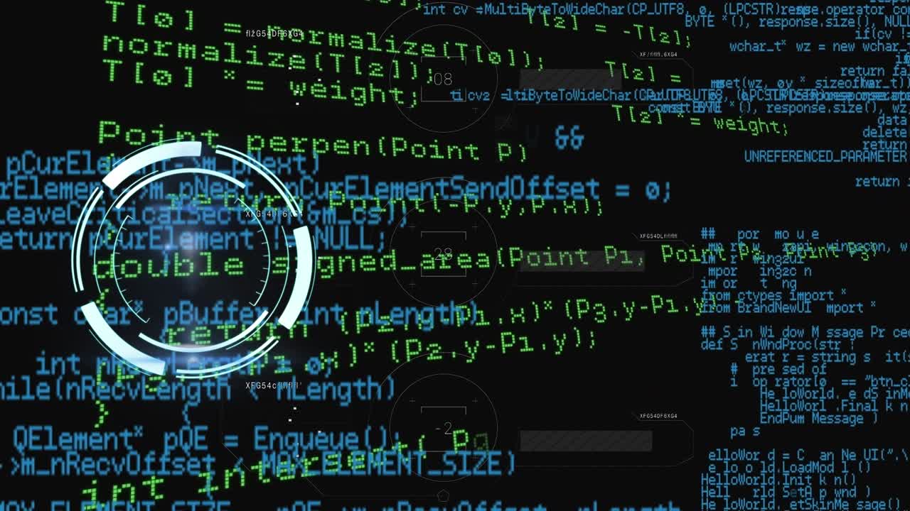 Animation of illuminated radar with multicolored programming language over black background