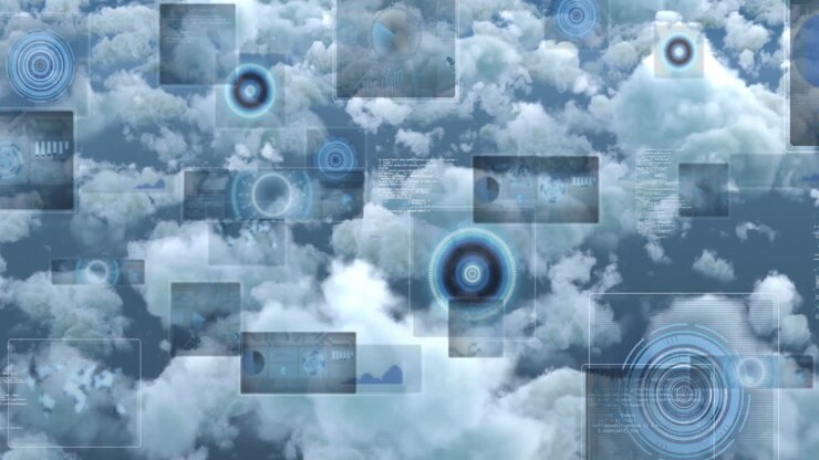 Animation of data processing over sky with clouds