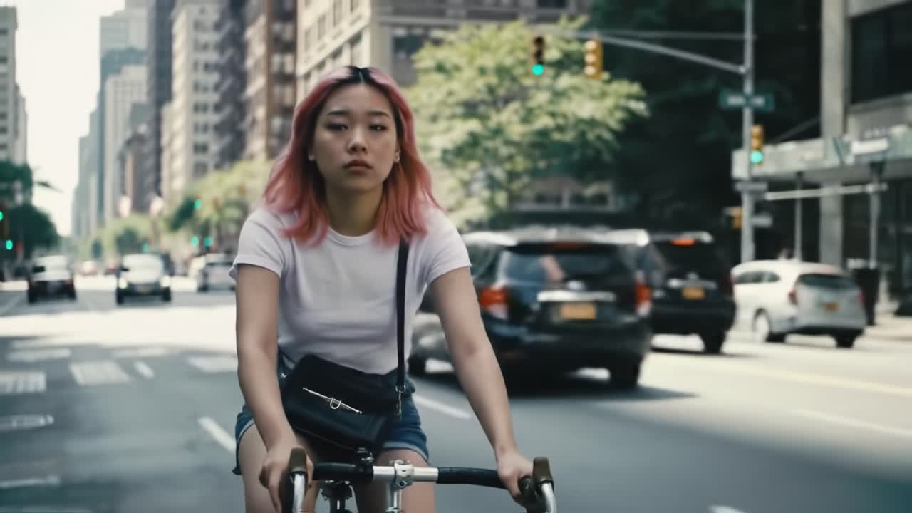Young woman cycling through the city