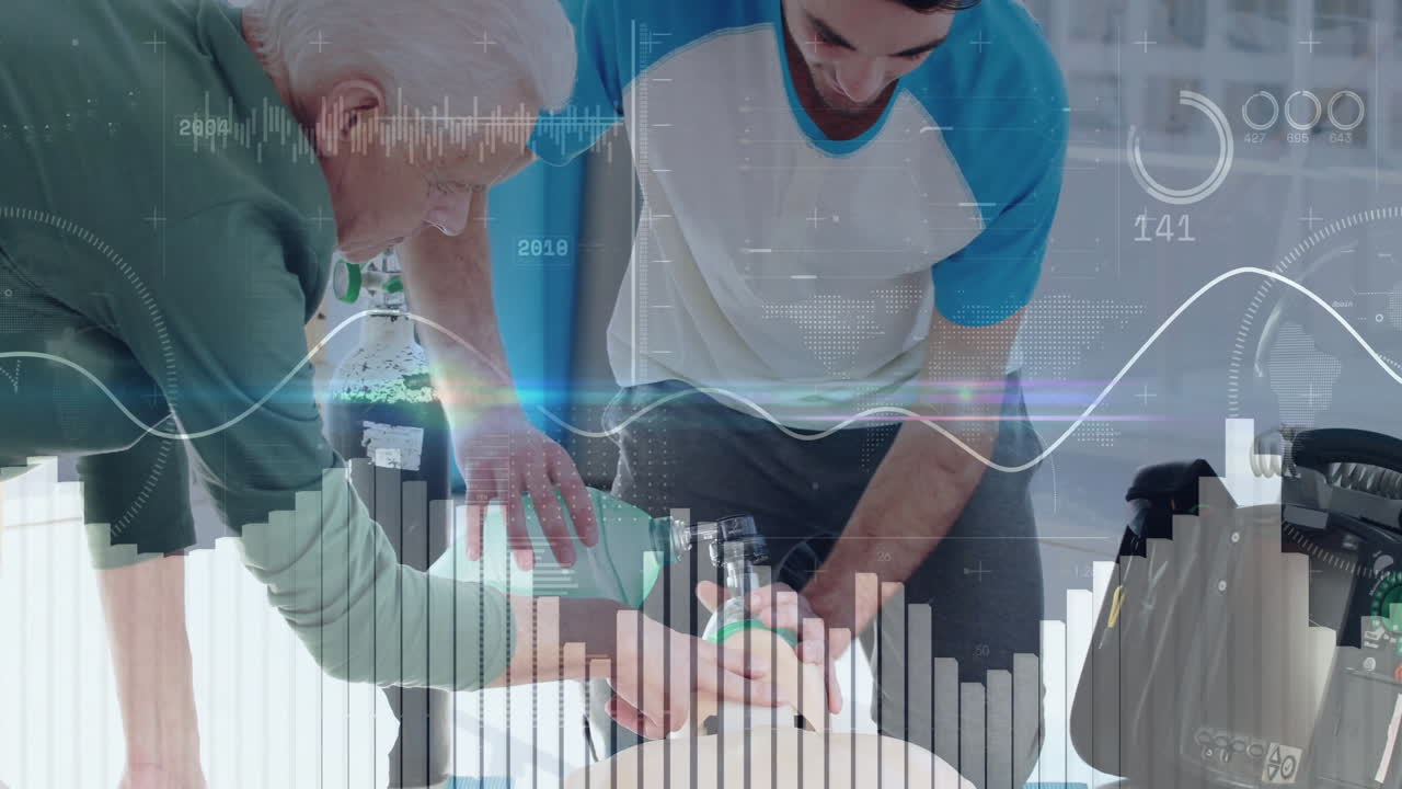 Two paramedics conducting CPR training with bag valve mask in medical room, showing data overlays