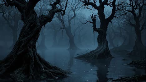 enigmatic forest scene with twisted trees and shimmering reflections in dark water