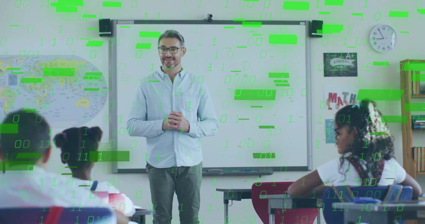 Vertical video: Standing teacher teaching lesson at whiteboard, green code overlay beginning