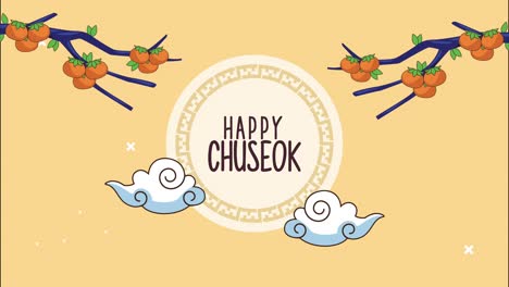 letras de chuseok felices en un marco circular con ramas de árboles