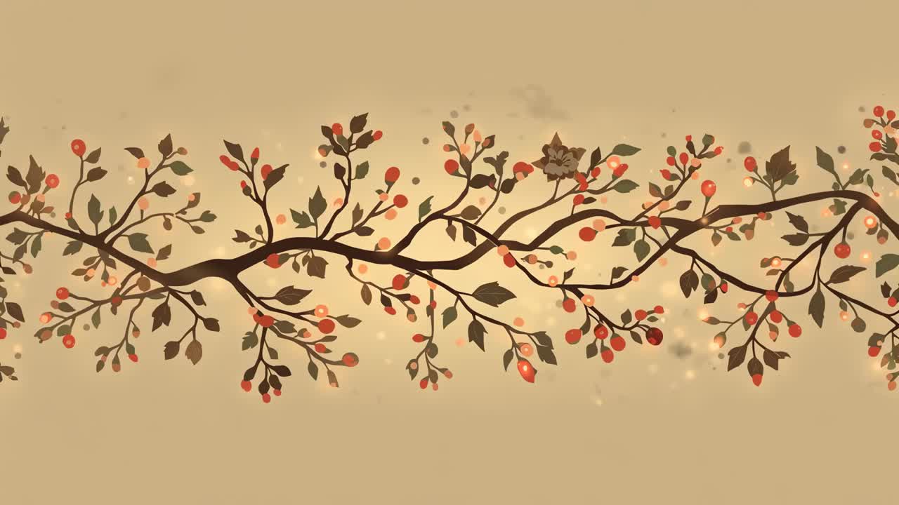 Shifting golden glows causing center branch swaying then settling on beige panel, with berries