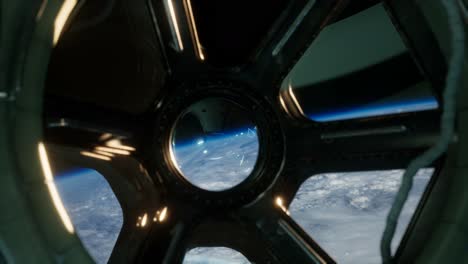 Cockpit-view-from-International-Space-Station-operating-nearby-of-planet-Earth