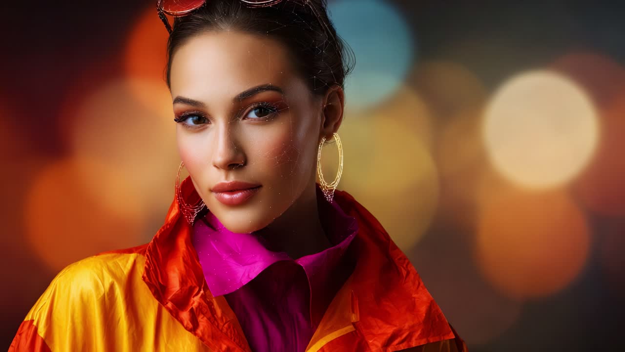 A Stylish Model Poses Elegantly Against a Colorful Bokeh Background, Featuring Bold Fashion Choices of Bright Colors, Accessories, and Expressive Makeup for a Striking Look