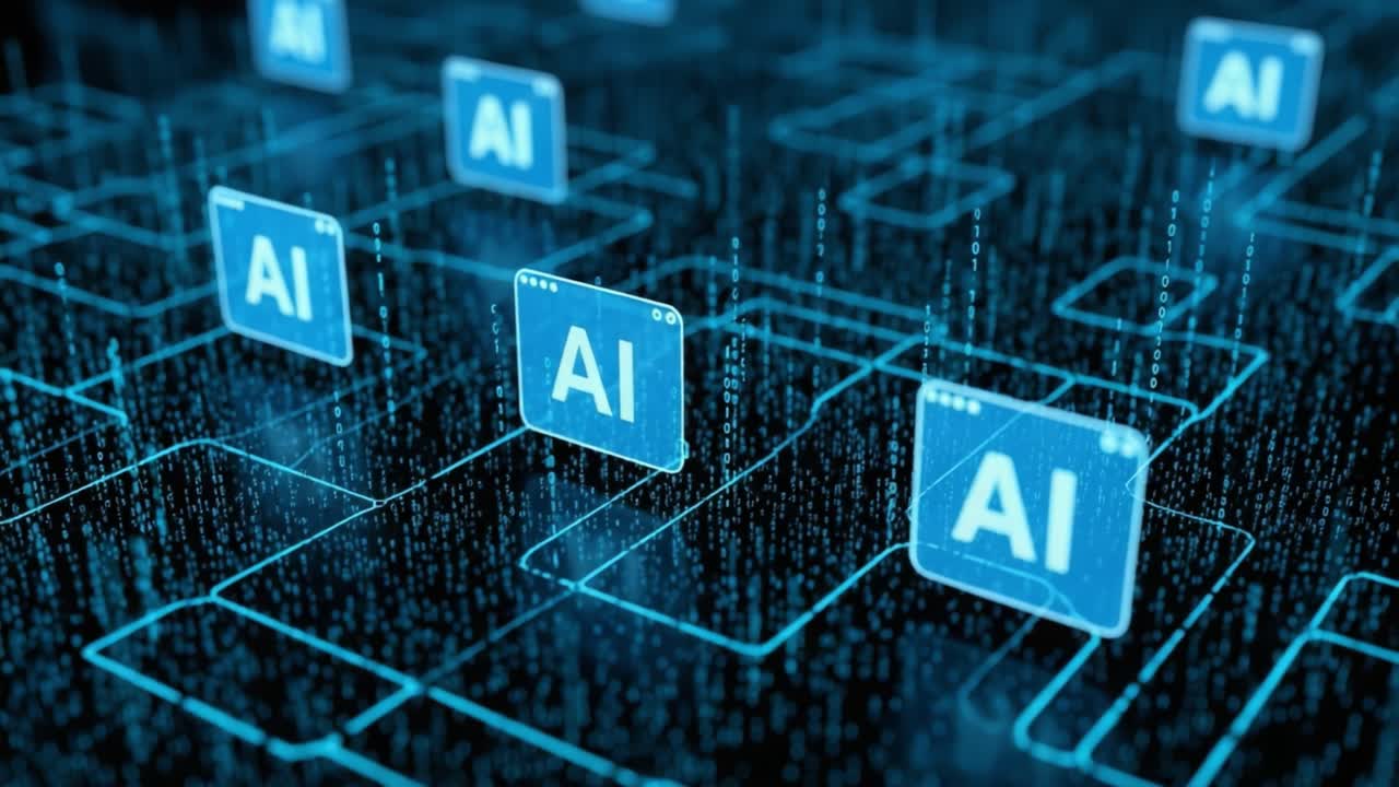 Exploring the Intricate World of Artificial Intelligence: A Virtual Network Representing AI Concepts and Data Flow within a Digital Landscape