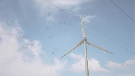 Animation-of-network-of-connections-over-wind-turbine-and-sky