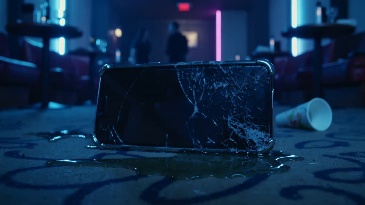 Pęknięty telefon leżący na dywanie w salonie, przemieszczający się płyn, przewrócony kubek wylewający zawartość, poruszające się postacie