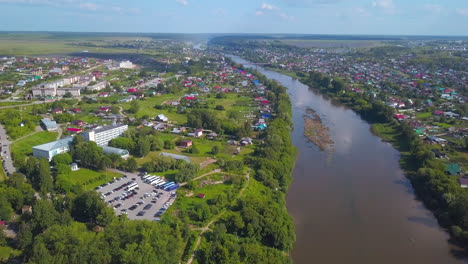 aerial view of a river town in russia