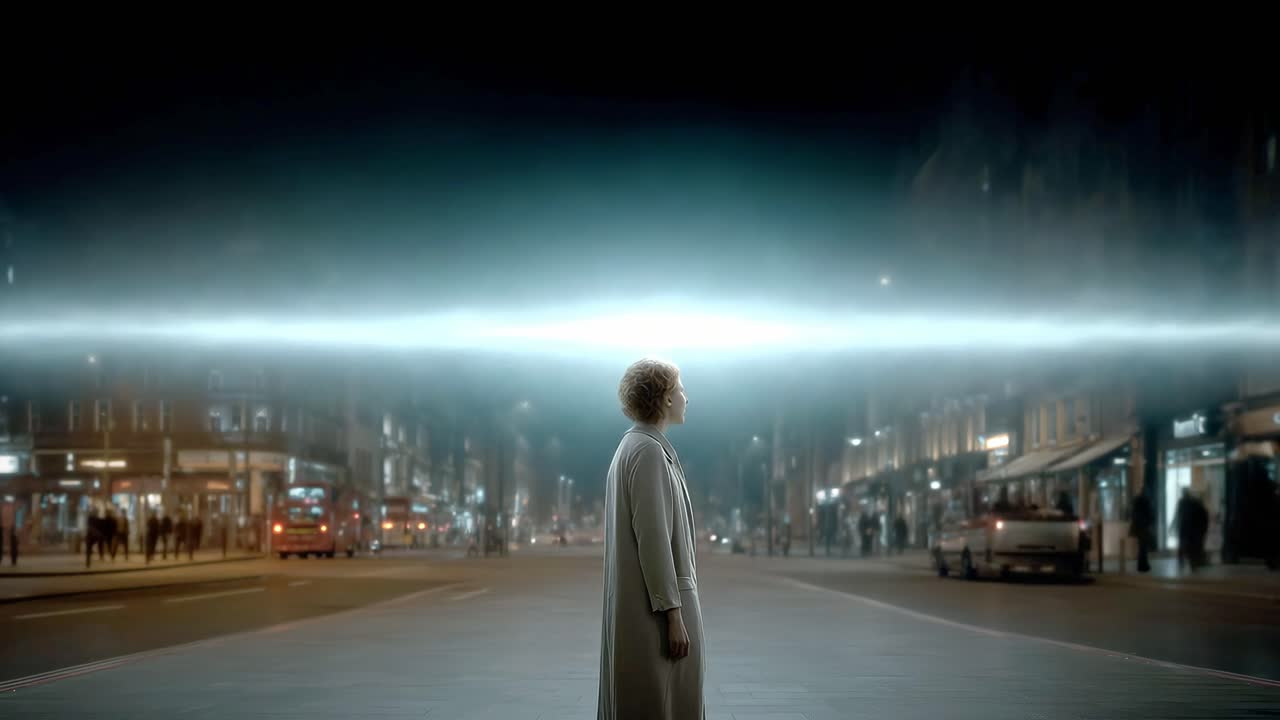 밤 에 도시 거리 에 서 있는 여자