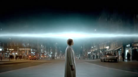 a woman standing in a city street at night